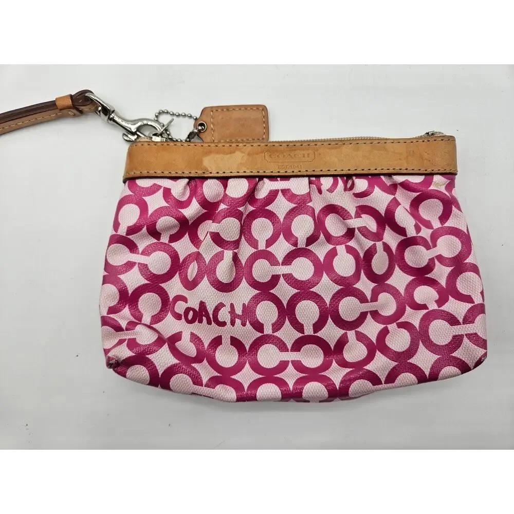 Coach Leah Opt Art Pink Coated Canvas Tan Leather Cosmetic Toiletry Make-up Bag‎